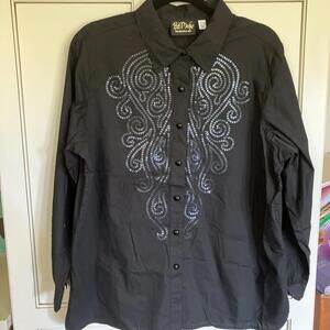 Bob Mackie Black Wearable Art Blue Sequins Long Sleeve Button Down XL Office